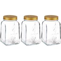 Voorraadpot/bewaarpot Square - 3x - glas - 1L - transparant/goud - D10 x H17 cm - voedsel bewaren