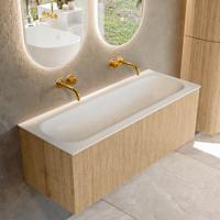 Mondiaz KURVE 120 cm Onderkast Greeploos 1 Lade Zonder Deuren Oak, Wastafel Solid Surface Volledig Talc 0 Kraangaten Zonder Spiegel (KRVBGL1201L0D0KM-Oak/Tal)