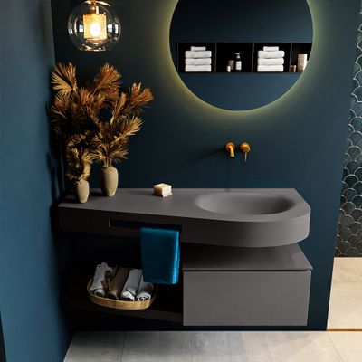 MONDIAZ RIVA 120cm badmeubel onderkast / planchet kleur Dark_Grey met 1 lade. Wastafel DULCET rechts 0 kraangaten kleur Dark_Grey.