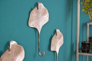 Decoratieve kapstokhaak set van 3 GINKGO 30cm zilver handgemaakt metaal - 41784