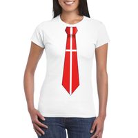 Wit t-shirt met Denemarken vlag stropdas dames - thumbnail