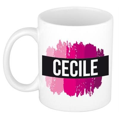 Cecile naam cadeau koffie mok - beker - met roze verfstrepen - Cadeau collega - moederdag