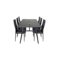 Sleek eethoek eetkamertafel uitschuifbare tafel lengte cm 195 / 280 zwart en 6 Slim High Back eetkamerstal PU kunstleer