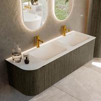 Badmeubel Mondiaz Kurve | 145 cm cm | Meubelkleur Shadow | Wastafelkleur Talc | Solid surface | Dubbel / Rechts spoelbak | 2 kraangaten