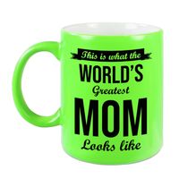 Worlds Greatest Mom cadeau mok / beker neon groen 330 ml - Cadeau moeder - feest mokken - thumbnail