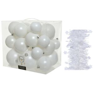 Kerstversiering kunststof kerstballen 6-8-10 cm met sterren slingers pakket winter wit van 28x stuks