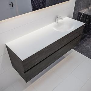 Mondiaz Vica Moon badmeubel eiken donker bruin 150 cm 2 lades solid surface enkele spoelbak rechts 1 kraangat