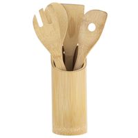 Bamboe houten keukengerei spatel set 4-delig met houder - thumbnail