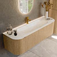 Badmeubel Mondiaz Kurve-Dlux | 150 cm | Meubelkleur Oak | Wastafelkleur Ostra | Solid surface | Midden spoelbak | 1 kraangat