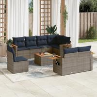 9-delige Loungeset met kussens poly rattan grijs