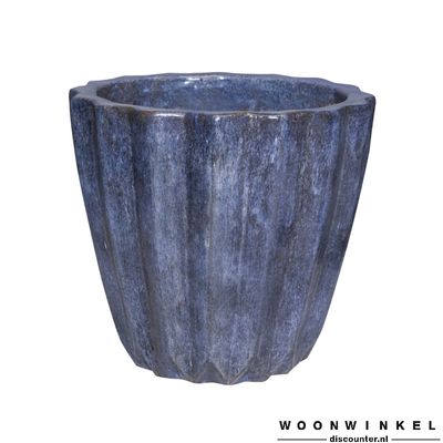 Bec Blue ceramic pot ribbed round low S Bec Blue ceramic pot ribbed round low S