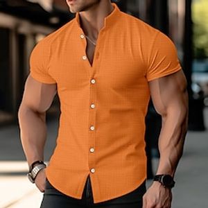 Voor heren Overhemd linnen overhemd Overhemd met bandkraag Zomer overhemd Strand Kleding Overhemd met knopen Zwart Wit blauw Oranje Korte mouw Effen Band Kraag Zomer Casual Dagelijks Kleding Lightinthebox