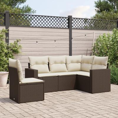 5-delige Loungeset met kussens poly rattan bruin