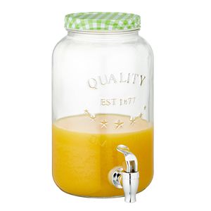 Glazen drankdispenser/limonadetap met groen/wit geblokte dop 3,5 liter - Drankdispensers