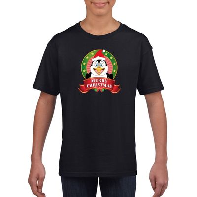 Zwart Kerst t-shirt voor kinderen met een pinguin Zwart Kerst t-shirt voor kinderen met een pinguin