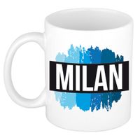 Naam cadeau mok / beker Milan met blauwe verfstrepen 300 ml - thumbnail