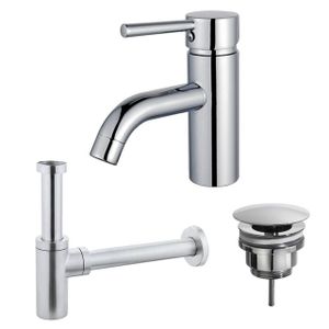 Fortifura Calvi Wastafelkraanset - lage wastafelkraan - always open plug - design sifon - Chroom SW377810/SW696209/SW696214