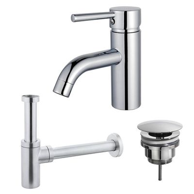 Fortifura Calvi Wastafelkraanset - lage wastafelkraan - always open plug - design sifon - Chroom SW377810/SW696209/SW696214