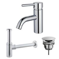 Fortifura Calvi Wastafelkraanset - lage wastafelkraan - always open plug - design sifon - Chroom SW377810/SW696209/SW696214