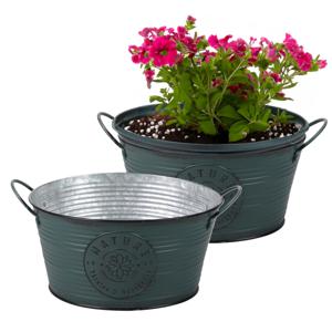 Plantenpot/bloempot teil voor buiten - 2x - zink - rond - petrolblauw - D25 x H12 cm