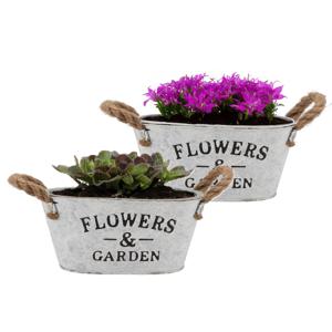 Plantenpot/bloempot teil Jardin - 2x - ovaal - zink - wit - L21 x D13 x H10 cm