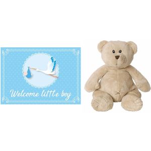 Kraamcadeau beren knuffel 17 cm met Welcome little boy wenskaart /ansichtkaart