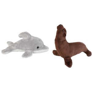 Zeedieren serie zachte pluche knuffels 2x stuks - Dolfijn en Zeeleeuw van 15 cm