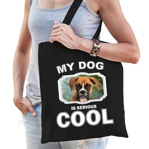 Boxer honden tasje zwart volwassenen en kinderen - my dog serious is cool kado boodschappentasje