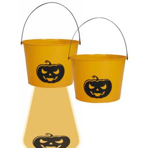 Trick or treat snoep emmertje - 2x - pompoen - met verlichting - 18 x 15 cm - Halloween snoepjes oph