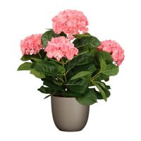 Hortensia kunstplant/kunstbloemen 45 cm - roze - in pot taupe mat - Kunstplanten - thumbnail