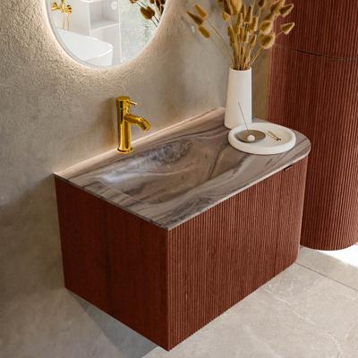 Badmeubel Mondiaz Kurve-Dlux | 75 cm | Meubelkleur Ruby | Wastafelkleur Sombra | Solid surface | Wasbak linker zijde spoelbak | 1 kraangat