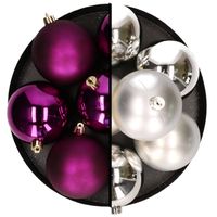 Decoris kerstballen - 12x st - 8 cm - zilver en paars - kunststof - Kerstbal - thumbnail