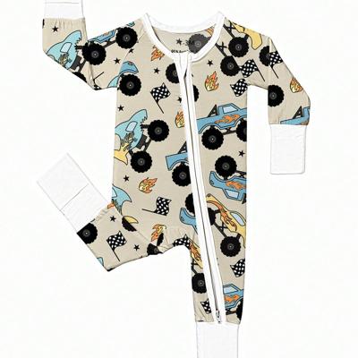 Baby Bamboo Fiber Zip-Up, Racing Car Print Romper, All-Season Knit Fabric Skinny Fit With Zipper Detail, Boy Baby Clothes, Perfect For Outdoor Green / 0-3M