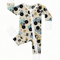 Baby Bamboo Fiber Zip-Up, Racing Car Print Romper, All-Season Knit Fabric Skinny Fit With Zipper Detail, Boy Baby Clothes, Perfect For Outdoor Green / 0-3M