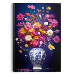 Reinders - Delft Blue Vibrant Flowers - Schilderij 90x60cm Zwart