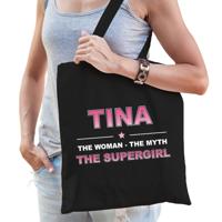 Naam cadeau tasje Tina - the supergirl - zwart - voor dames - katoen