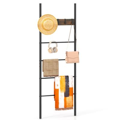Wandgemonteerd Ladderrek 5-Laags Plank 5 Verwijderbare Haken Handdoekenrek Displayrek voor Badkamer Woonkamer Entree Bruin