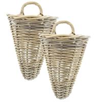 Wandhanger mand - 2x - bruin - 25 x 22 x 32 cm - rotan - gevlochten - voor bloemen/planten
