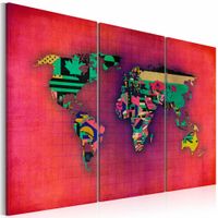 Schilderij - Wereldkaart - De Wereld is van Mij ,3luik , rood , premium print op canvas - thumbnail