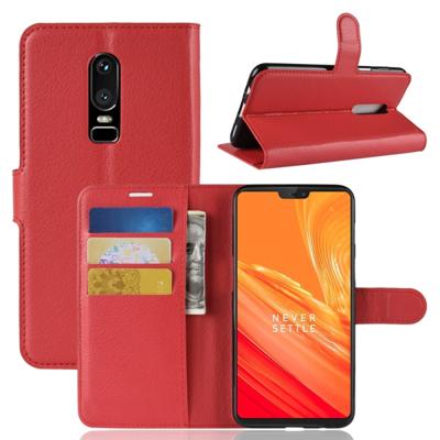 Voor OnePlus 6 Litchi textuur horizontale Flip lederen draagtas met houder & kaartsleuven & portemonnee (rood)