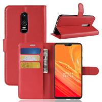 Voor OnePlus 6 Litchi textuur horizontale Flip lederen draagtas met houder & kaartsleuven & portemonnee (rood)