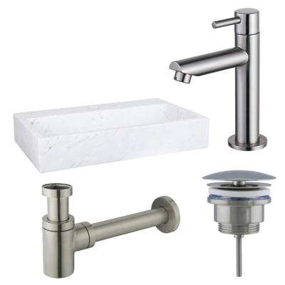Fortifura Fuente fonteinset - 38x24cm - 1 kraangat - marmer - fonteinkraan RVS geborsteld - wit SW696237/SW696207/SW696217/SW451336