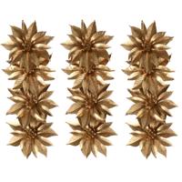 Decoratie bloemen - op clip - 12x - goud - 9,5 cm - kunststof - kerstbloemen