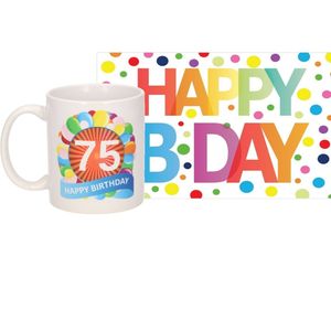 Verjaardag cadeau mok/beker 75 jaar print 300 ml + A5-size wenskaart Happy Birthday