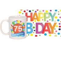 Verjaardag cadeau mok/beker 75 jaar print 300 ml + A5-size wenskaart Happy Birthday