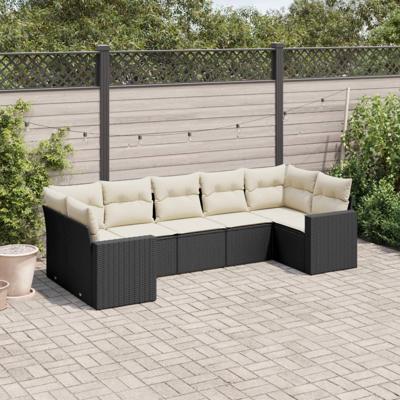 7-delige Loungeset met kussens poly rattan zwart