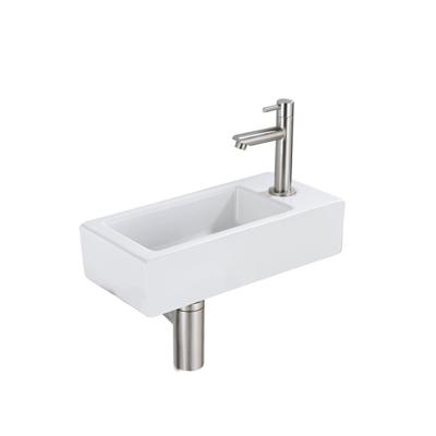 QeramiQ Fuente Fonteinset - 37.5x18.5x9cm - keramiek - kraangat rechts - fonteinkraan geborsteld RVS - afvoerplug - verlaagd sifon - Mat wit SW1122446/SW696207/SW696217/SW696237