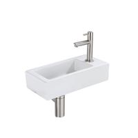 QeramiQ Fuente Fonteinset - 37.5x18.5x9cm - keramiek - kraangat rechts - fonteinkraan geborsteld RVS - afvoerplug - verlaagd sifon - Mat wit SW1122446/SW696207/SW696217/SW696237