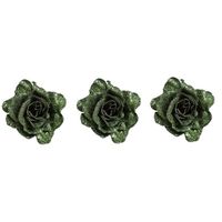 3x Groene roos met glitters op clip 10 cm - kerstversiering - thumbnail