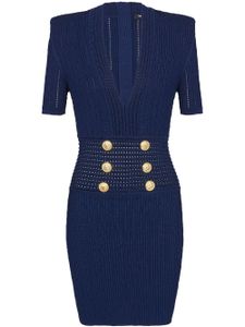 Balmain robe courte nervurée à boutons embossés - Bleu